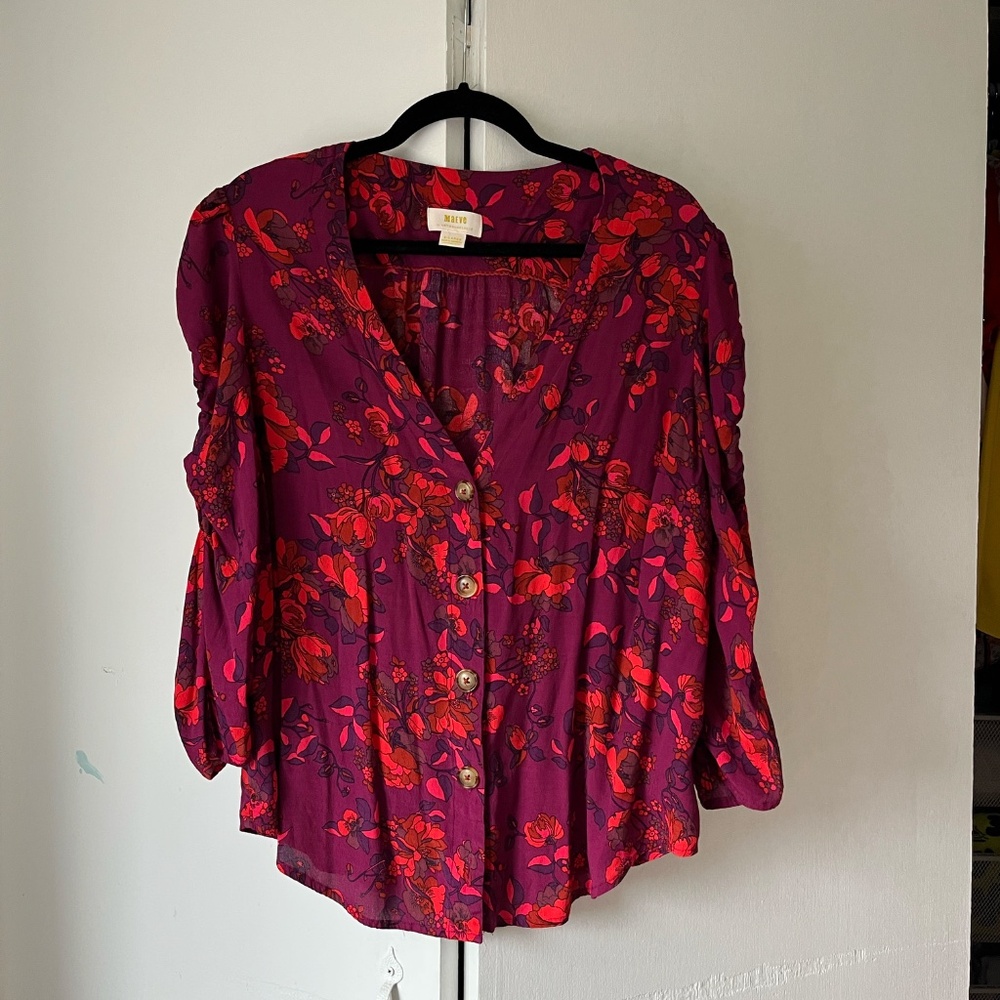 Puff Sleeve Anthropologie Orange and Purple Floral Top. XL.